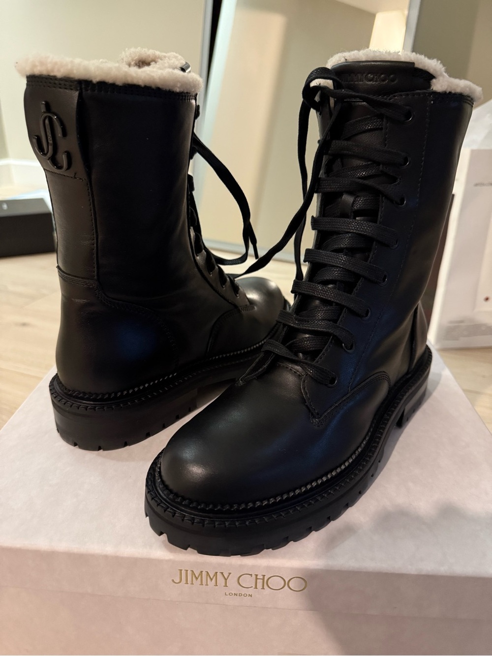 Jimmy Choo Black Leather Lace-Up Shearling-Trim Boots